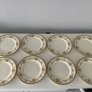 Vintage Alfred Meakin Festive Pattern Dinner Plates with 18kt Gold Trim Set of 8